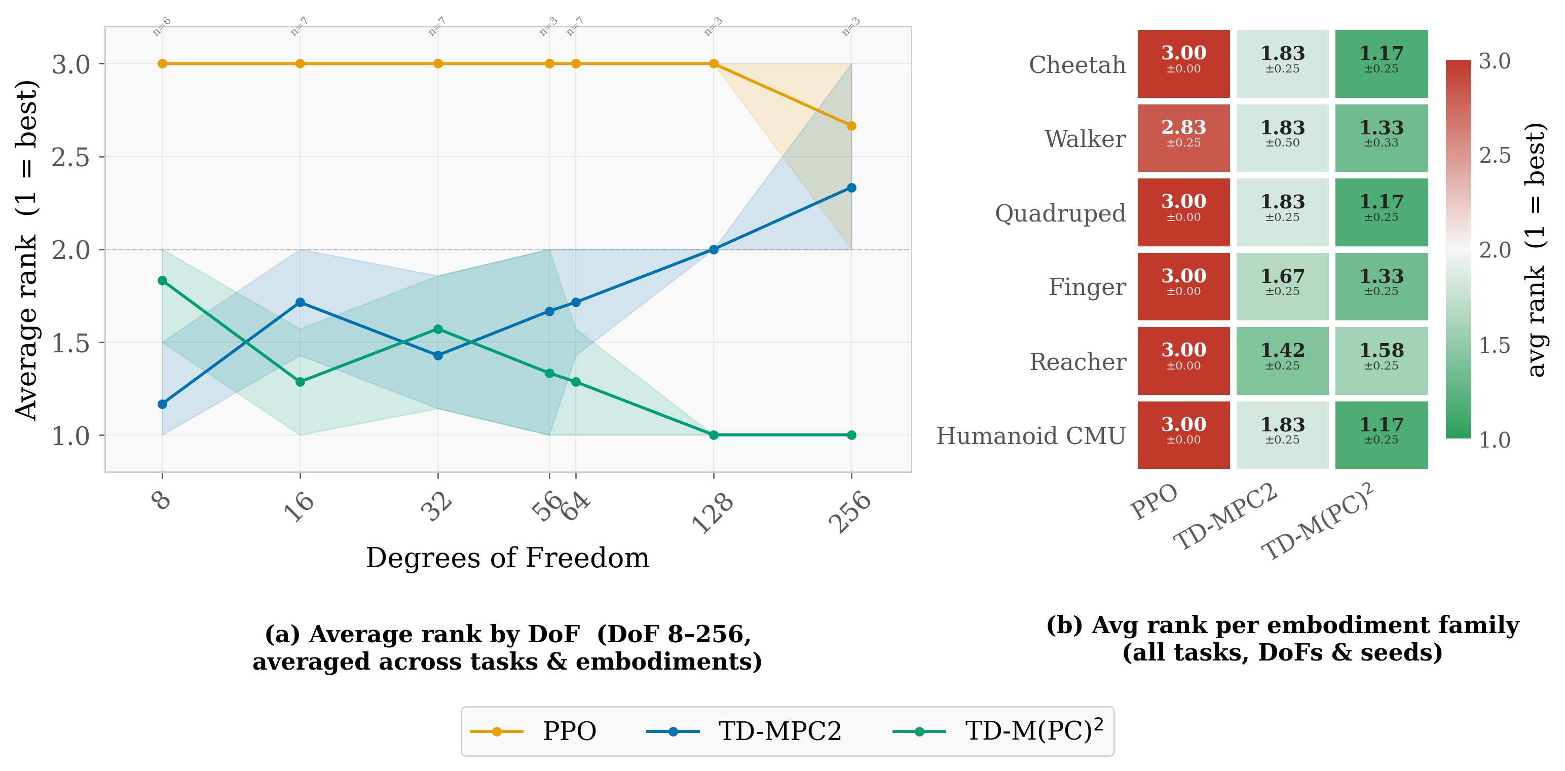 Algorithm ranking by DoF and per embodiment family.